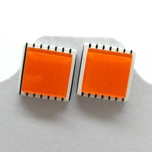 Vintage Orange Black Striped Acrylic Square 1980s Clip-On Earrings